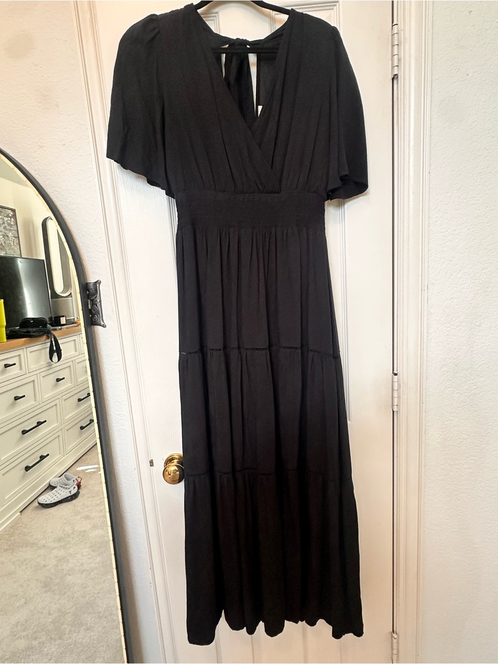 Women’s Black V-Neck Tiered Maxi Dress with Back Tie